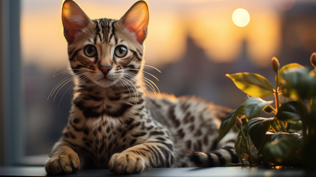 chat tigré allongé sur un rebord de fenetre soleil couchant